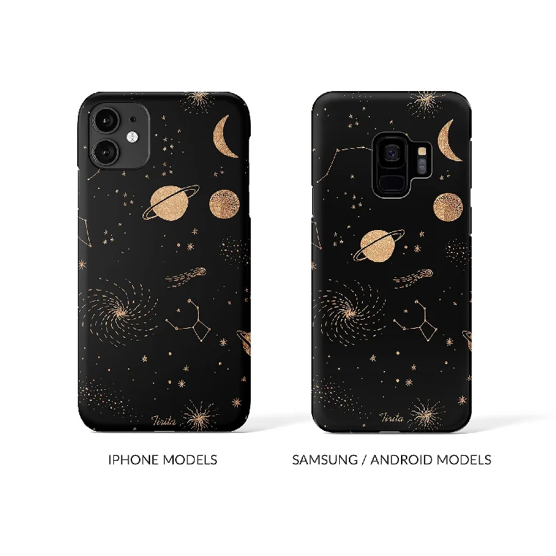 Hard Phone Case Space Stars Planets Black Gold