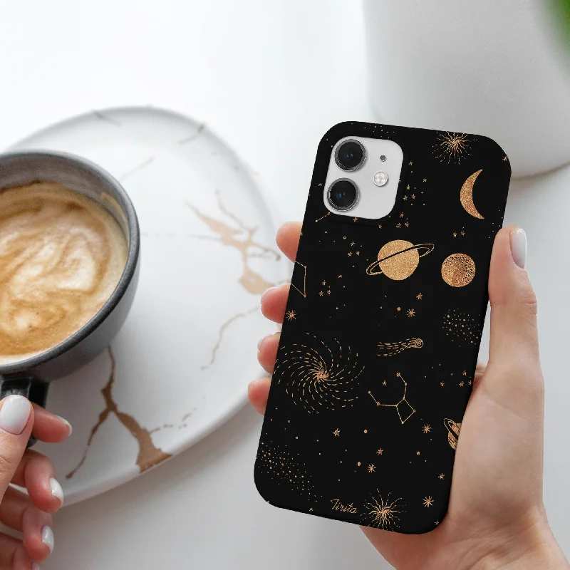 Hard Phone Case Space Stars Planets Black Gold