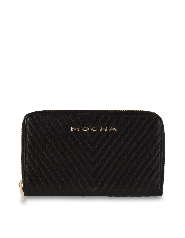 Mocha Small Chevron Leather Wallet - Black/Light Gold