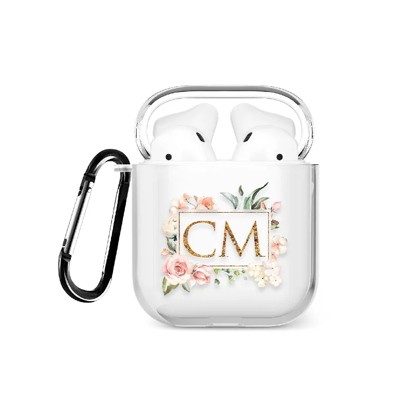 Personalised AirPods Case Clear Cover Custom Name Floral Vintage Roses Squared Monogram