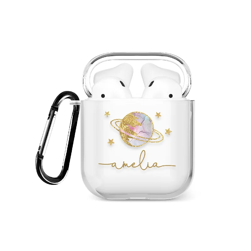 Personalised AirPods Case Clear Cover Custom Name Golden Planet Stars