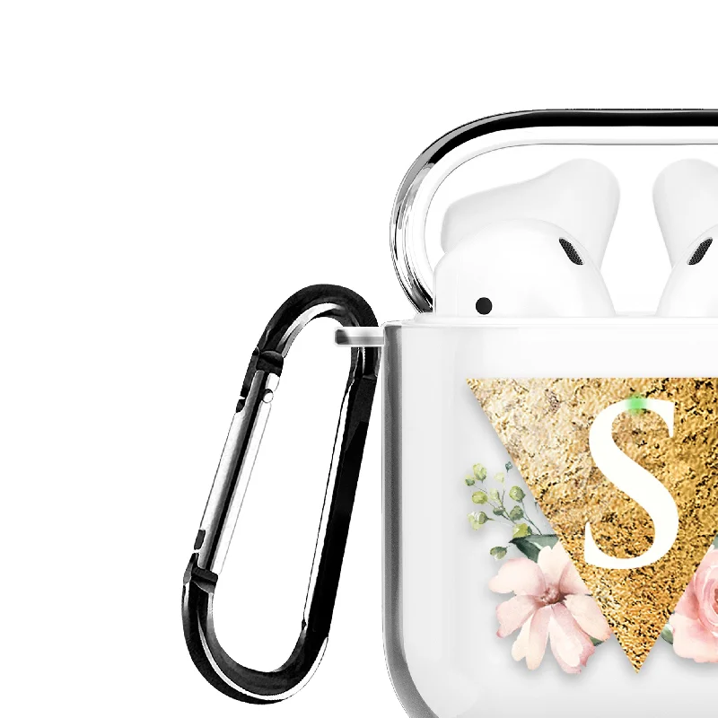 Personalised AirPods Case Clear Cover Custom Name Golden Triangle Floral Roses